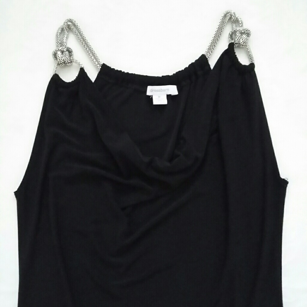 Draped Cowl neck chunky silver metallic chain Black Tank top